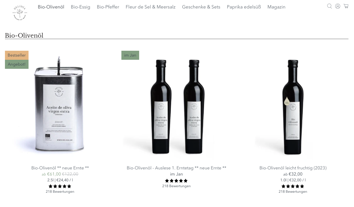 Screenshot des Shops von Delidia mit den angebotenen Olivenölen.